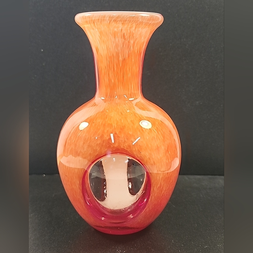 Vintage Orange Cased Art Glass Vase Finestre Windows Unmarked MCM White